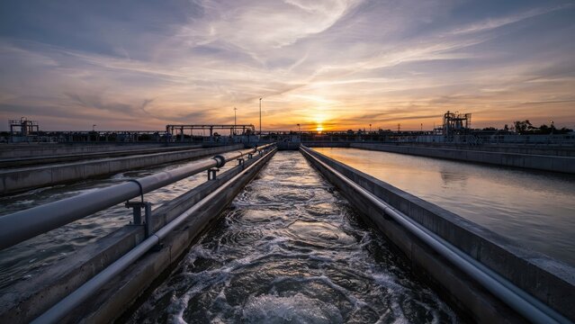 Industrial wastewater treatment plant aeration tanks at golden sunset. Clean water supply and environmental sustainability concepts for infrastructure engineering projects.