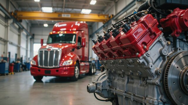 A large industrial truck engine sits in the foreground of a modern repair workshop. Perfect for professional automotive maintenance or heavy transport industry concepts.