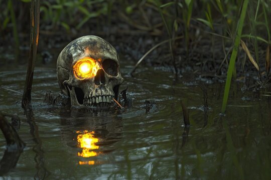 Skeletal figure rises from swamp waters with glowing eyes in dark setting