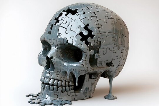 Melting puzzle skull with dripping pieces resembling flowing water