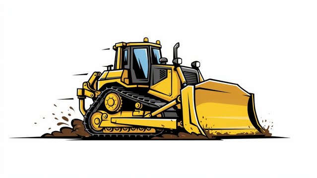 Cartoon yellow bulldozer working on mud isolated on white background. Illustration for construction industry and heavy machinery concepts.