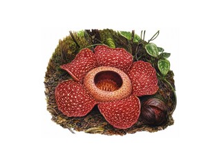 Rafflesia Arnoldi Giant Flower Growing in Tropical Rainforest Habitat Botanical Illustration 