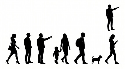 Obraz premium Architectural Vector Scale Figures Silhouette Set. Walking, Standing, and Pet Dog CAD Blocks Vector Collection.