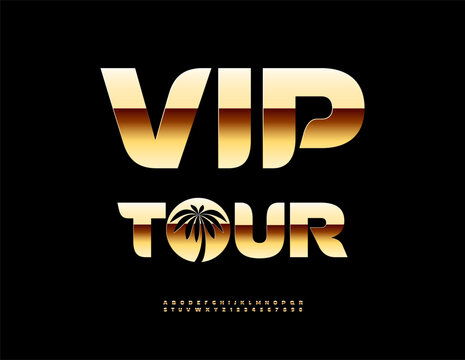 Vector Premium emblem Vip Tour with Golden Palm Tree. Modern Awesome Font. Premium set of Glamorous Alphabet Letters and Numbers.