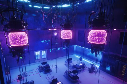 Glowing human brain model processing digital data stream in neurotech environment