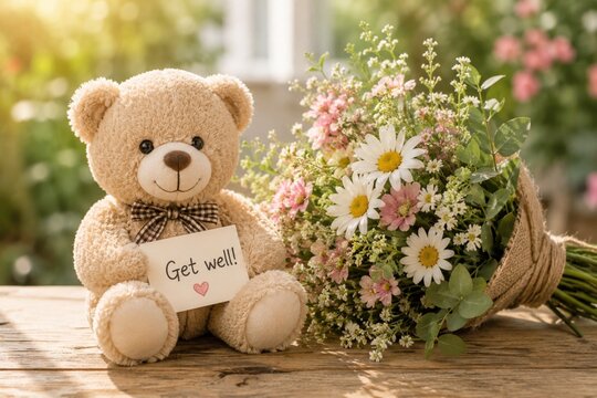 Teddy bear with get well card and flower bouquet in garden