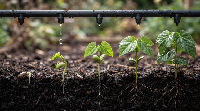 Plant Life Cycle from Seed to Leaf with Drip Irrigation on Rich Dark Soil