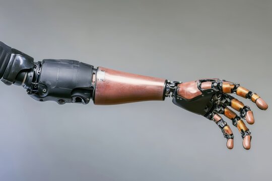 Detailed view of advanced bionic prosthetic arm in modern indoor setting