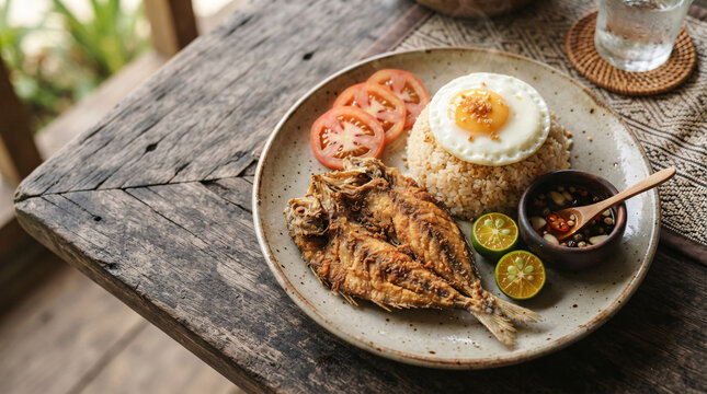 Crispy whole fried fish served with garlic rice, sunny side egg, tomatoes, citrus and savory dipping sauce on a rustic ceramic plate.