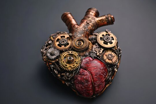 Steampunk human heart model made of clockwork brass gears and copper tubes