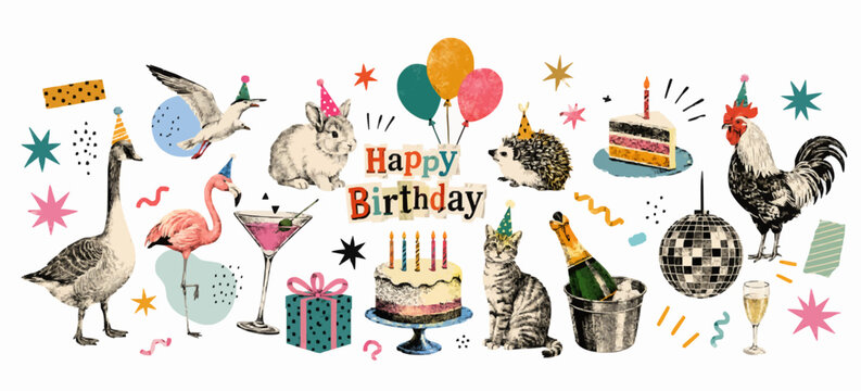 Vintage Happy Birthday Animal Party Collage with Cake, Balloons and Disco Ball