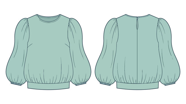 Technical Sketch of a Light Green Women Blouse with Puff Sleeves Front and Back View for Fashion Design