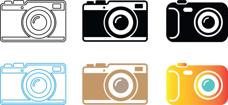 Modern digital camera vector illustration in diverse styles colors and graphic design layouts.