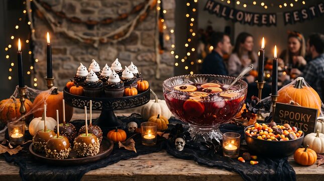 Festive Halloween party table spread with themed treats and punch bowl