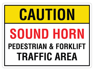 Fototapeta premium Caution sound horn pedestrian and forklift traffic area sign isolated on white background, warehouse safety, industrial vehicle warning, forklift hazard traffic notice.