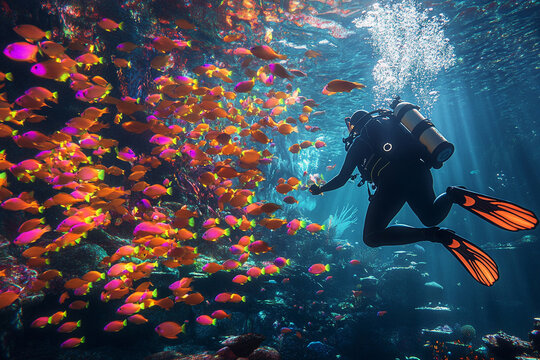 Diver mesmerized by the colorful underwater ballet of vibrant fish