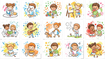 Fototapeta premium Cute kids daily activities icon set with children reading playing painting singing eating and listening to music vector