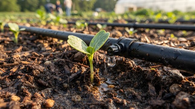 Young Green Seedling with Drip Irrigation Nozzle, Sustainable Farming and Plant Growth Concept