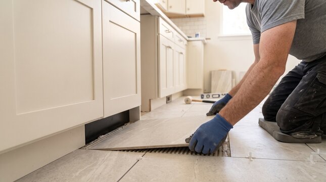 Porcelain kitchen floor tile, installer placing large tile beside base cabinets, contemporary remodeling detail, premium flooring installation