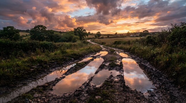 Rainwater Reflecting Sky in Muddy Tire Track Grooves on a Countryside Dirt Road