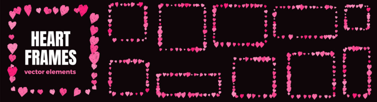 Heart frame set with scattered pink crayon doodles. Chalk hearts form quirky borders with pencil texture on black. Dispersed vector elements for event announcement or wedding invitation or text box