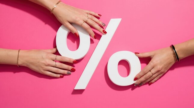 three female hands with red manicure and gold jewelry arranging white percent sign on bright pink background, concept of discount and sale