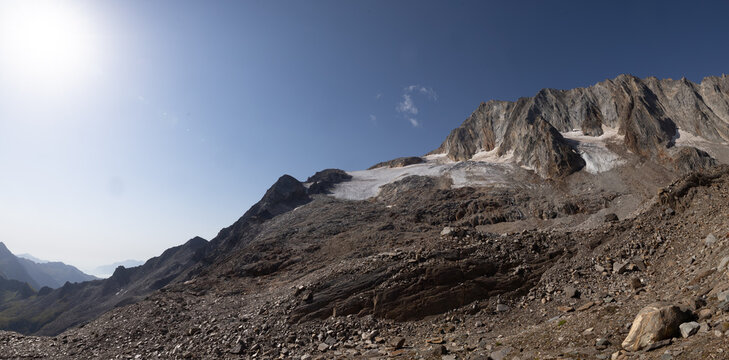Panoramic View of Zwischbergen Glacier and Rocky Peaks, Upper Valais, Switzerland (Pennine Alps)