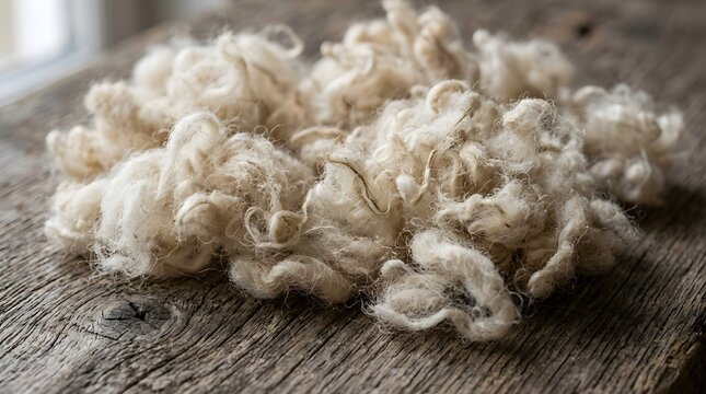 Raw sheep wool fibers on a rustic wooden background for textile and craft industry.