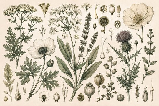 Vintage botanical illustration collection showing various medicinal plants flowers and herbs on beige paper with botanical, illustration