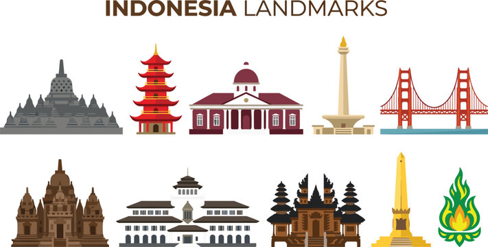 Indonesia famous landmarks flat icon collection featuring borobudur prambanan monas and traditional temples cultural historic architecture vector design