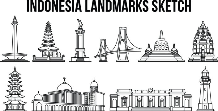 Indonesia landmarks sketch collection with monas borobudur prambanan suramadu bridge and istiqlal mosque architecture linear vector icons set