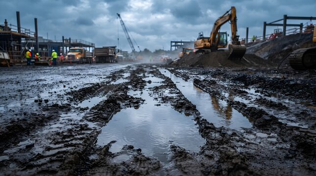 Rainwater Reflecting Sky in Muddy Tire Track Grooves on Construction Site Path