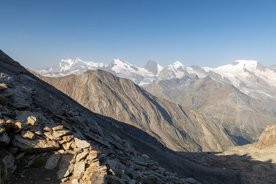 Panoramic View of Pennine Alps and Dufourspitze from Zwischbergenpass, Upper Valais, Switzerland