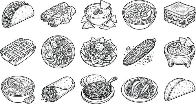 Mexican food icons set with traditional dishes taco burrito nachos soup quesadilla and salsa engraved vector illustration