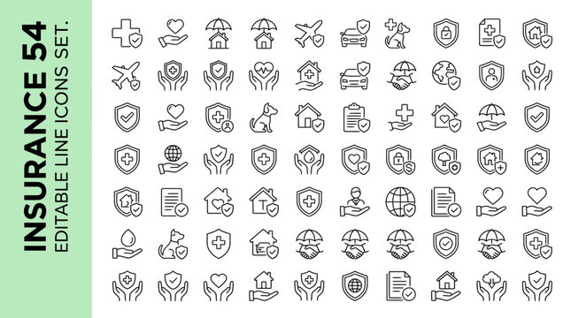 Comprehensive collection of fifty four minimalist insurance icons for financial planning with representing various insurance insurance concepts