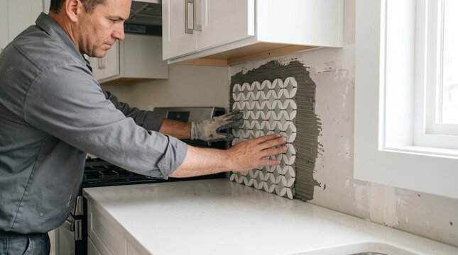 Kitchen backsplash tile installation, worker pressing decorative sheet above counter, stylish cabinet renovation detail with bright copy space