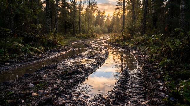 Rainwater Reflecting Sky in Muddy Tire Track Grooves on Forest Logging Trail