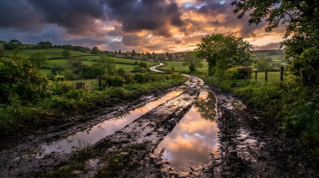 Rainwater Reflecting Sky in Muddy Tire Track Grooves on a Countryside Dirt Road