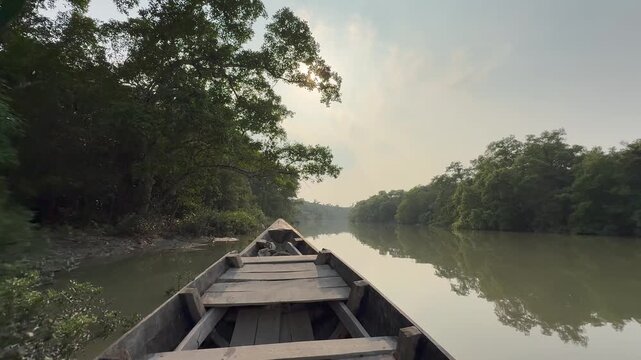 POV Wooden Boat Journey Through Sundarbans Mangrove River in Bangladesh