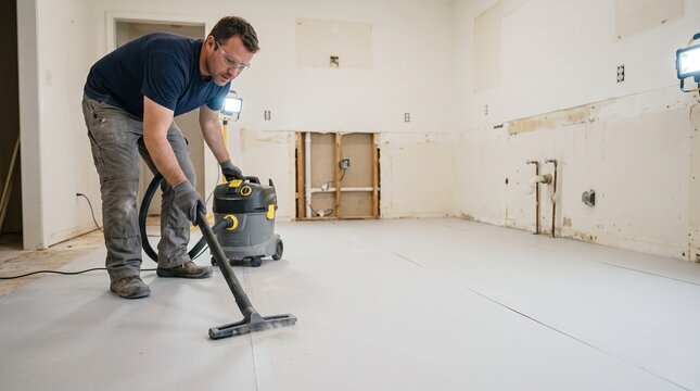 Kitchen floor preparation, renovator cleaning underlayment before tiling, empty remodel space, removed cabinet bases and wide copy space