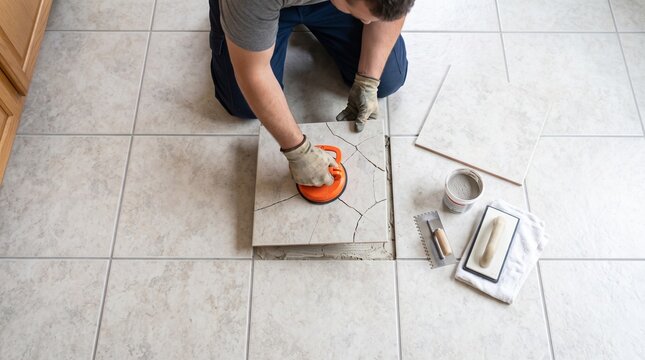 Cracked kitchen tile replacement, worker lifting damaged ceramic floor tile, suction tool repair scene, clean flooring problem and solution