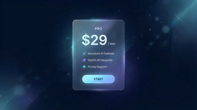 Glassmorphism pricing table for pro subscription plan. Futuristic UI design with frosted glass card. SaaS billing interface on dark background. AI, Technology, AGI