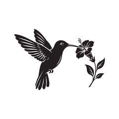 Fototapeta premium Hummingbird and Hibiscus Silhouette: A striking silhouette of a hummingbird in flight, its wings outstretched, delicately sipping nectar from a vibrant hibiscus flower.