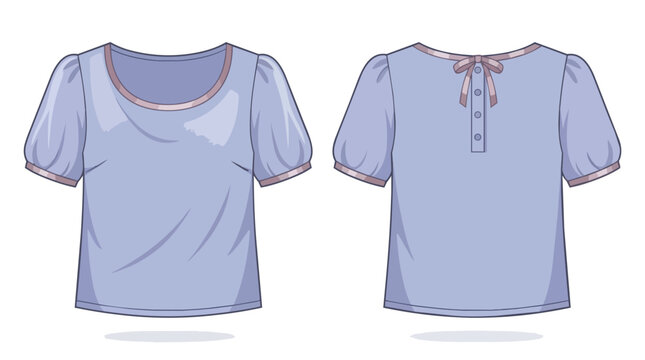 Women's Lavender Blouse with Puff Sleeves and Back Bow Detail Technical Drawing Front and Back View Mockup