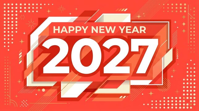 Abstract geometric red background with white text for happy new year 2027 celebration and holiday greeting card