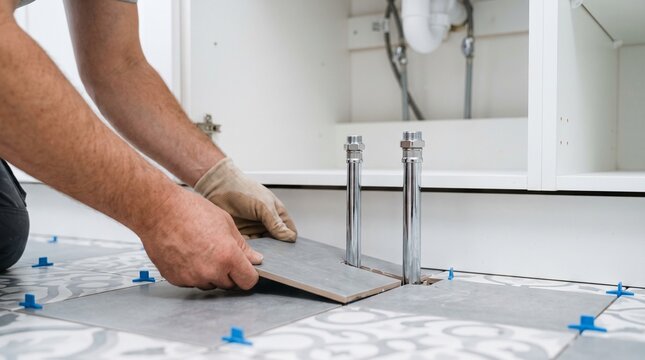 Kitchen plumbing tile fitting, tiler placing cut floor tile around sink pipes, cabinet base renovation detail with precise spacing