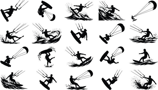 Kitesurfing, kiteboarding, silhouette, vector, set, collection, extreme, water, sport, surfer, riding, ocean, wave, action, jump, trick, isolated, graphic, design, illustration