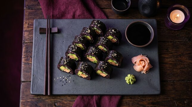 Fresh sushi rolls with avocado served on a dark stone plate with soy sauce and pickled ginger
