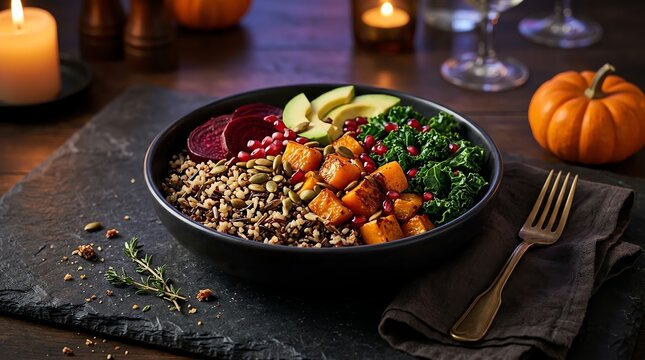 Healthy autumn harvest bowl with roasted pumpkin kale avocado and grains served on a dark rustic table