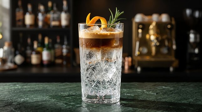 Refreshing iced coffee tonic cocktail with orange peel and rosemary garnish served on a marble bar counter